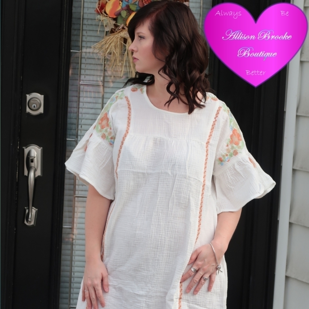 Boho Embroidered Shift Dress White Cotton Flowy Festival NWT - Picture 5 of 10